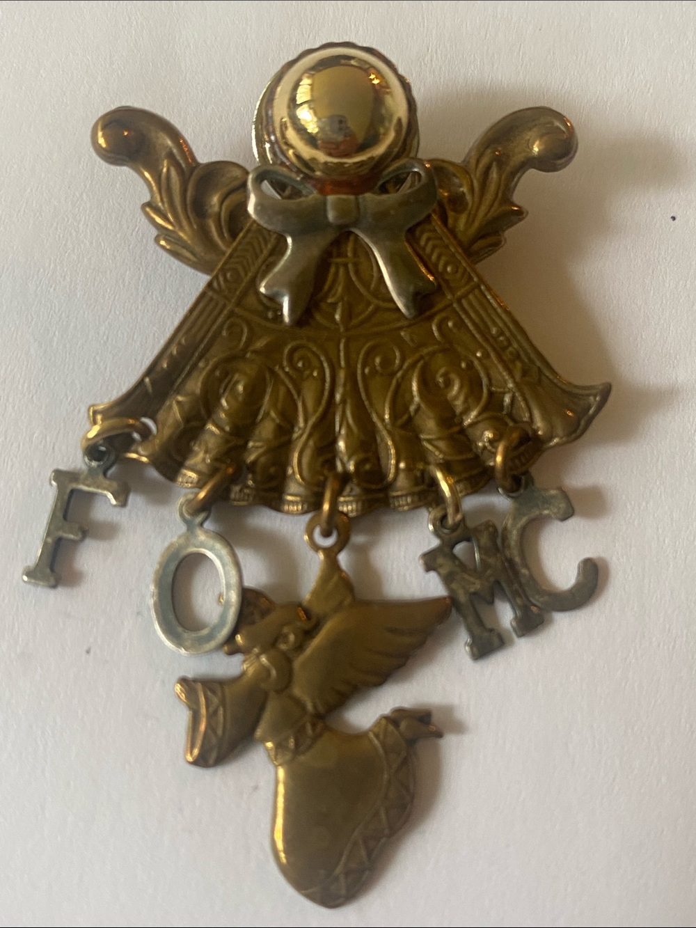 Vintage Gold Angel Brooch with Dangling Letters
